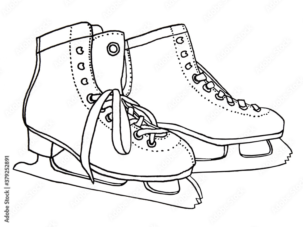 Line art winter figure skates boots isolated on white background. Happy holiday. Hand-drawn art creative object for card, wallpaper, wrapping, celebration