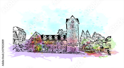 Building view with landmark of San Carlos de Bariloche is a town in Argentina. Watercolor splash with hand drawn sketch illustration in vector.