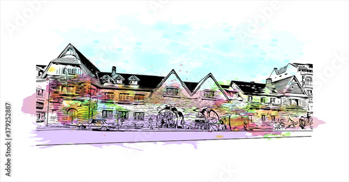 Building view with landmark of San Carlos de Bariloche is a town in Argentina. Watercolor splash with hand drawn sketch illustration in vector.