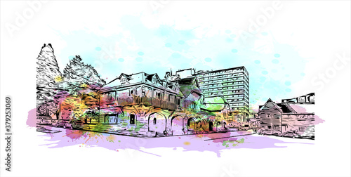 Building view with landmark of San Carlos de Bariloche is a town in Argentina. Watercolor splash with hand drawn sketch illustration in vector.