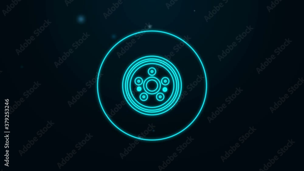 Glowing neon line Car brake disk icon isolated on black background. 4K Video motion graphic animation Glowing neon line Car brake disk icon isolated on black background. 4K Video motion graphic animation