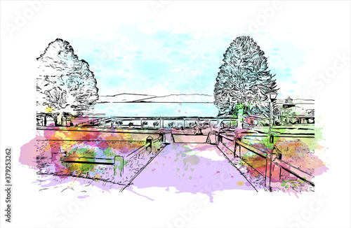 Building view with landmark of San Carlos de Bariloche is a town in Argentina. Watercolor splash with hand drawn sketch illustration in vector.