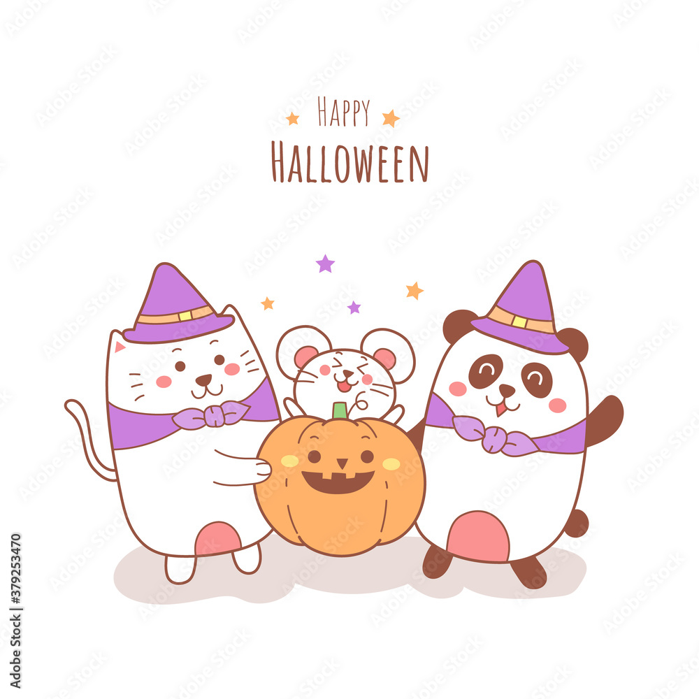 Fototapeta premium happy Halloween cartoon cute cat rat and panda holding a pumpkin.