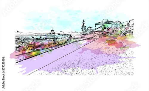 Building view with landmark of San Carlos de Bariloche is a town in Argentina. Watercolor splash with hand drawn sketch illustration in vector.