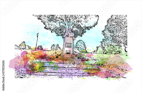 Building view with landmark of San Carlos de Bariloche is a town in Argentina. Watercolor splash with hand drawn sketch illustration in vector.