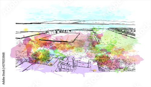 Building view with landmark of San Carlos de Bariloche is a town in Argentina. Watercolor splash with hand drawn sketch illustration in vector.