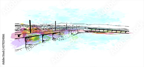 Building view with landmark of San Carlos de Bariloche is a town in Argentina. Watercolor splash with hand drawn sketch illustration in vector.