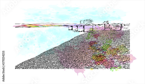 Building view with landmark of San Carlos de Bariloche is a town in Argentina. Watercolor splash with hand drawn sketch illustration in vector.
