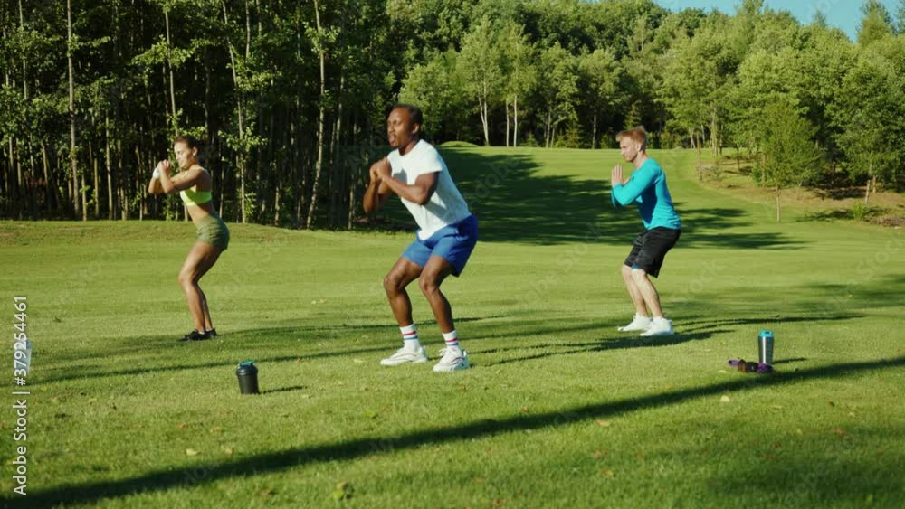 Diverse attractive fitness friends performing aerobics jumping exercises warming-up together smiling enjoying group training outside in the fresh air. Sports team concept. Diverse attractive fitness friends performing aerobics jumping exercises warming-up together smiling enjoying group training outside in the fresh air. Sports team concept.