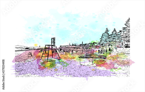 Building view with landmark of San Carlos de Bariloche is a town in Argentina. Watercolor splash with hand drawn sketch illustration in vector.