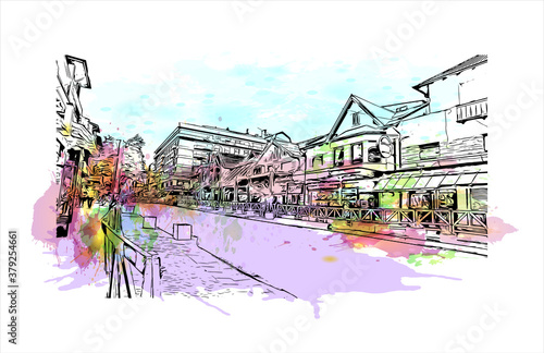 Building view with landmark of San Carlos de Bariloche is a town in Argentina. Watercolor splash with hand drawn sketch illustration in vector.
