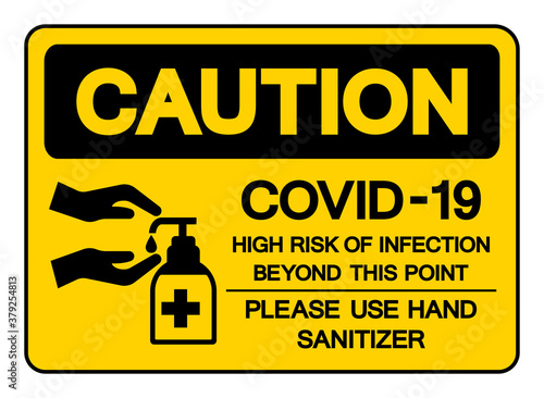 Caution Covid-19 High Risk Of Infection Beyond This Point Please Use Hand Sanitizer Symbol Sign, Vector Illustration, Isolate On White Background Label. EPS10
