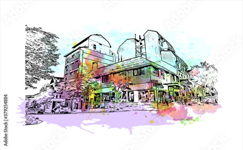 Building view with landmark of San Carlos de Bariloche is a town in Argentina. Watercolor splash with hand drawn sketch illustration in vector.