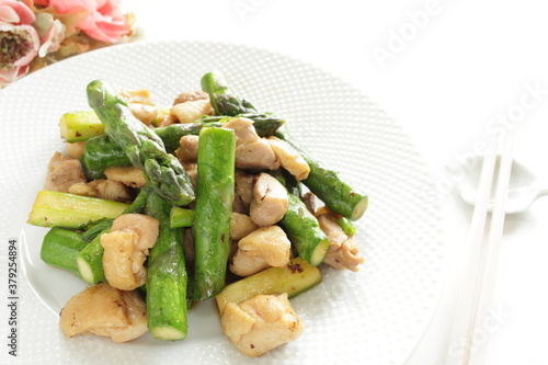 chinese food, green asparagus and chicken stir fried