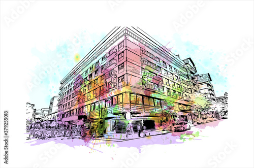 Building view with landmark of San Carlos de Bariloche is a town in Argentina. Watercolor splash with hand drawn sketch illustration in vector.
