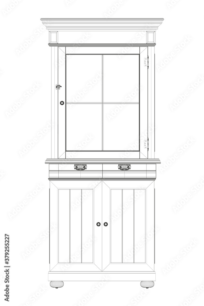 Old cabinet wireframe from black lines isolated on white background. Front view. 3D. Vector illustration Old cabinet wireframe from black lines isolated on white background. Front view. 3D. Vector illustration