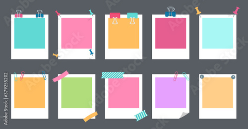 Polaroid photo frame set. Notebook collection with paper clip, push pins. Paper notes memo messages with elements planning. Various tag business office, writing reminds. Isolated vector