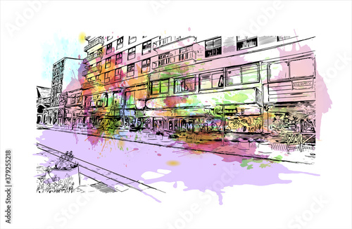 Building view with landmark of San Carlos de Bariloche is a town in Argentina. Watercolor splash with hand drawn sketch illustration in vector.