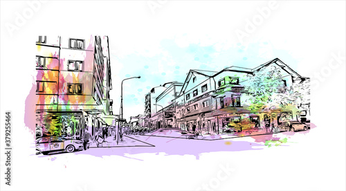 Building view with landmark of San Carlos de Bariloche is a town in Argentina. Watercolor splash with hand drawn sketch illustration in vector.