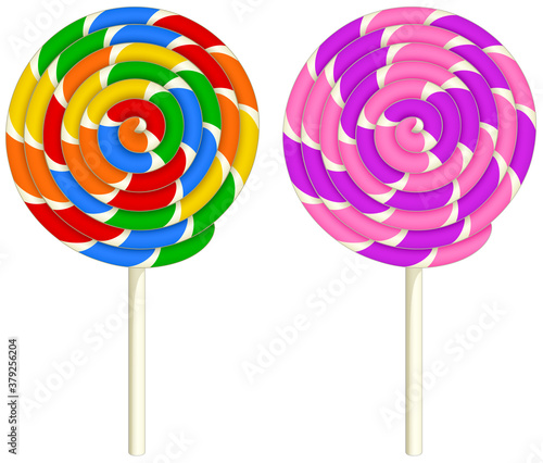 Vector illustration of a spiral lollipop in two colors: rainbow and pink/purple.