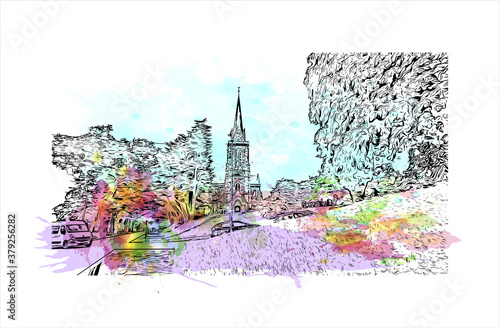 Building view with landmark of San Carlos de Bariloche is a town in Argentina. Watercolor splash with hand drawn sketch illustration in vector.