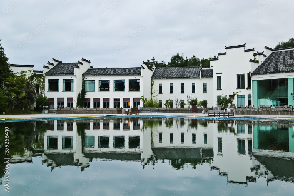 Traditional hui style houses and reflections Anhui China