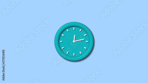 Cyan color 12 hours 3d wall clock isolated on aqua light background