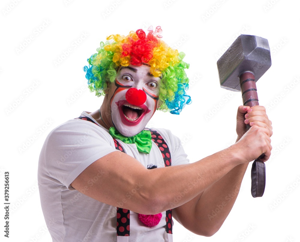 Funny clown with a hammer isolated on white background Funny clown with a hammer isolated on white background