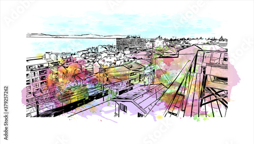 Building view with landmark of San Carlos de Bariloche is a town in Argentina. Watercolor splash with hand drawn sketch illustration in vector.