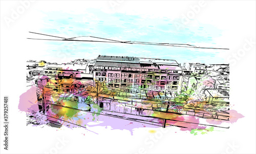 Building view with landmark of San Carlos de Bariloche is a town in Argentina. Watercolor splash with hand drawn sketch illustration in vector.