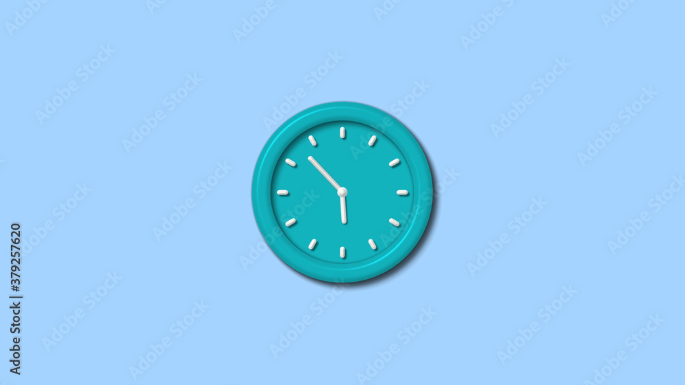 New cyan color 12 hours 3d wall clock isolated on aqua light background