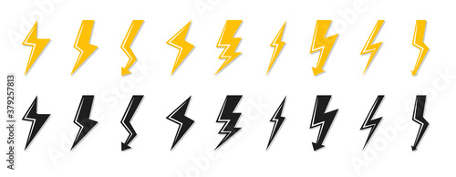 Set of black and yellow lightning bolt icon. Electrical strike sign or energy symbol and thunder electricity. Template logo voltage, power speed. Flash emblem shiny shock Isolated vector illustration