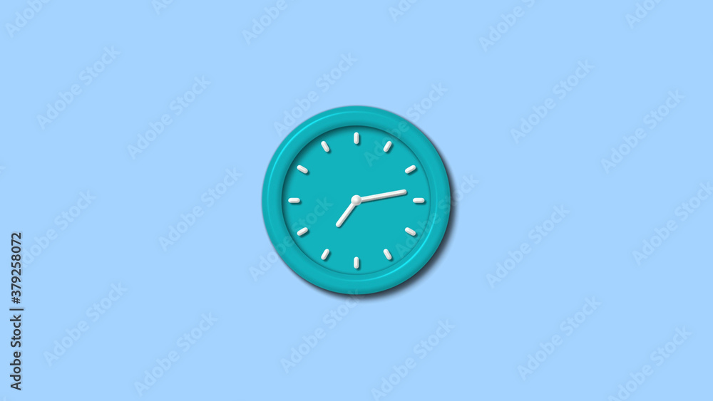 New cyan color 12 hours 3d wall clock isolated on aqua light background New cyan color 12 hours 3d wall clock isolated on aqua light background