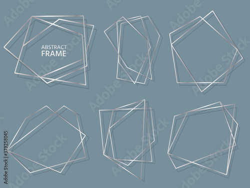 Silver shine frame abstract polygonal geometric set. Luxury decorative modern. Wedding invitation card template empty text banner. Polyhedron frame design element isolated vector illustration