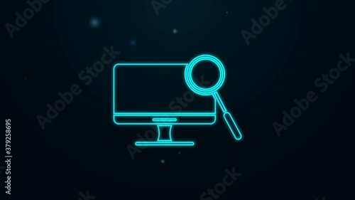 Glowing neon line Computer monitor diagnostics icon isolated on black background. Adjusting app, service, setting options, maintenance, repair. 4K Video motion graphic animation