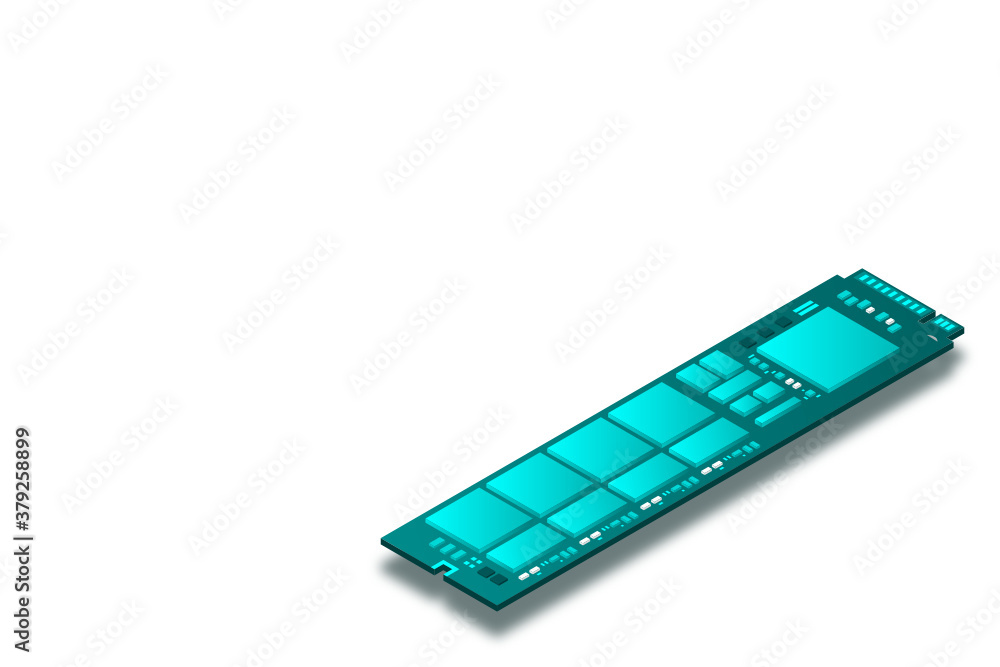 NVME Express M.2 memory realistic 3d isometric illustration, random access memory, personal computer hardware component, custom gaming and workstation accessories, vector illustration. NVME Express M.2 memory realistic 3d isometric illustration, random access memory, personal computer hardware component, custom gaming and workstation accessories, vector illustration.