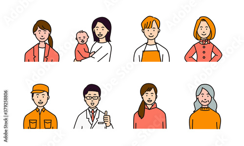 さまざまな職種・世代の8人のイラストアイコン
