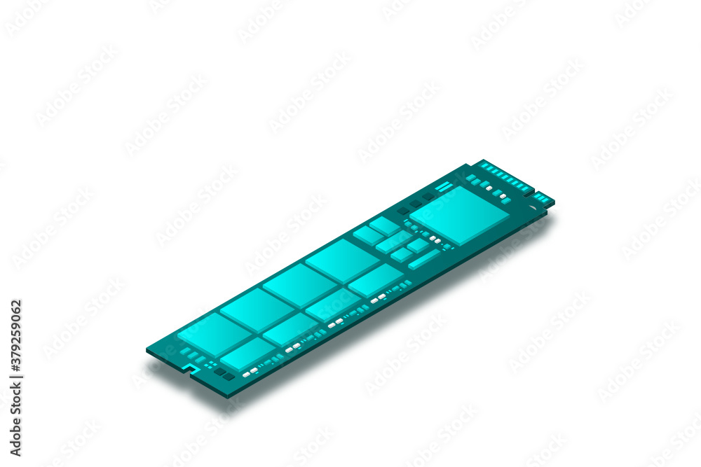 NVME Express M.2 memory realistic 3d isometric illustration, random access memory, personal computer hardware component, custom gaming and workstation accessories, vector illustration. NVME Express M.2 memory realistic 3d isometric illustration, random access memory, personal computer hardware component, custom gaming and workstation accessories, vector illustration.
