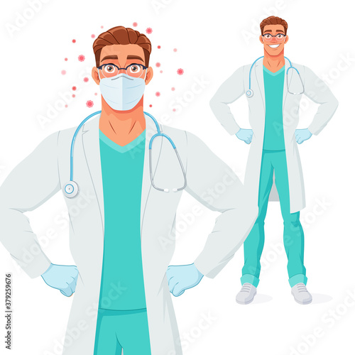 Doctor in mask and gloves protected from coronavirus. Vector illustration.