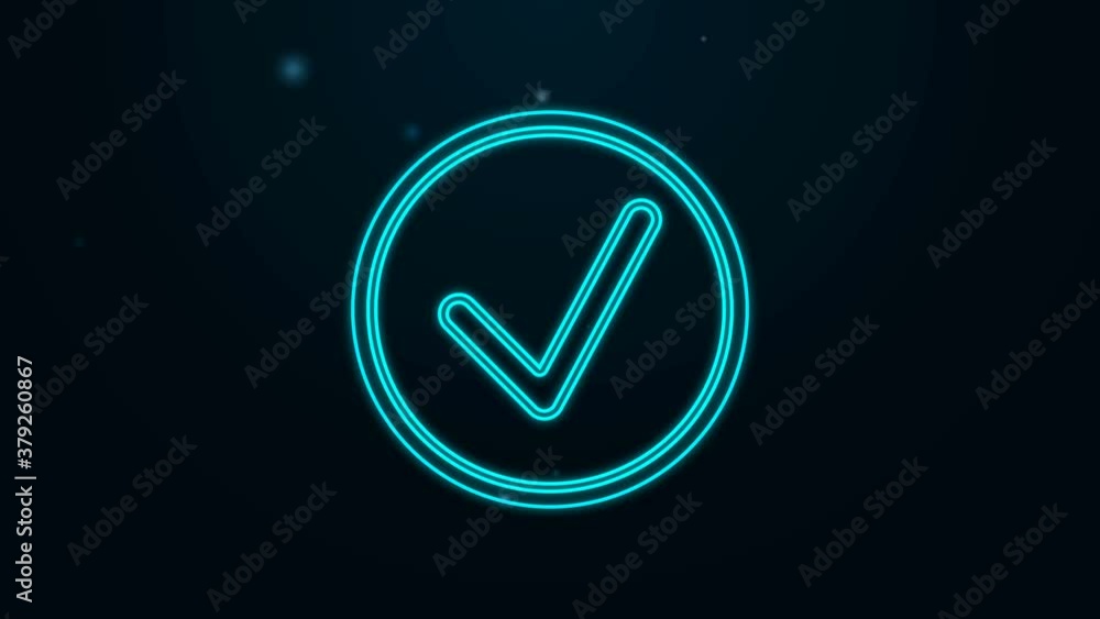 Glowing neon line Check mark in circle icon isolated on black background. Choice button sign. Checkmark symbol. 4K Video motion graphic animation Glowing neon line Check mark in circle icon isolated on black background. Choice button sign. Checkmark symbol. 4K Video motion graphic animation