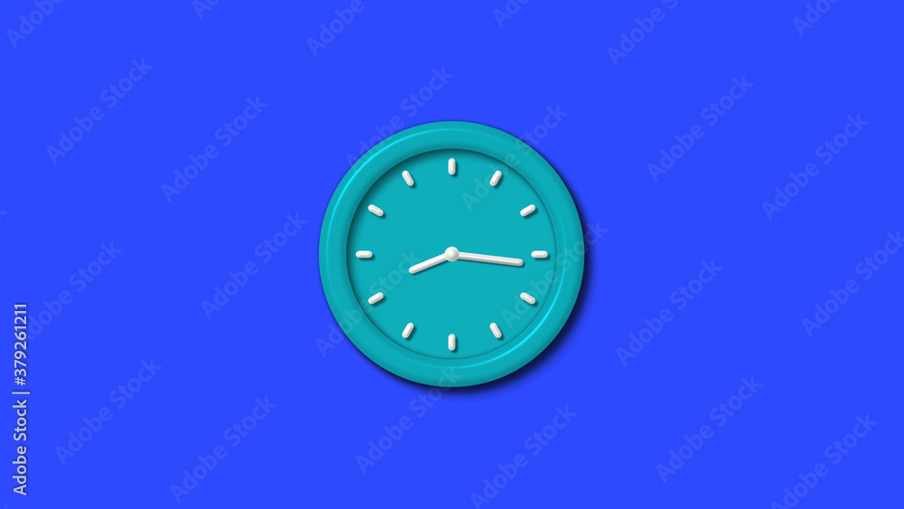 Cyan color 12 hours 3d wall clock on blue background Cyan color 12 hours 3d wall clock on blue background