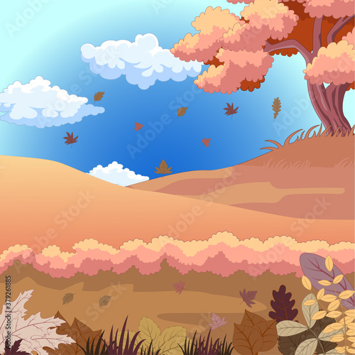 Autumn forest background with leaves falling