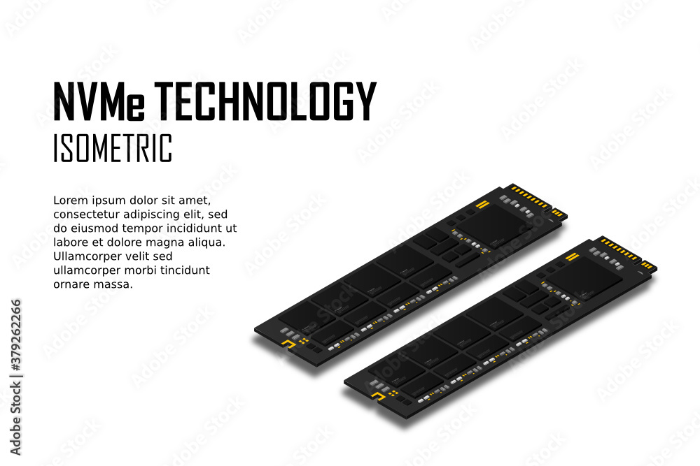NVME Express M.2 memory realistic 3d isometric illustration, random access memory, personal computer hardware component, custom gaming and workstation accessories, vector illustration. NVME Express M.2 memory realistic 3d isometric illustration, random access memory, personal computer hardware component, custom gaming and workstation accessories, vector illustration.