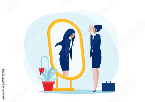 Depression Mask.business woman  standing with mirror and seeing themselves as shadow behind. depression and melancholy concept of self confidence at work, vector illustration.