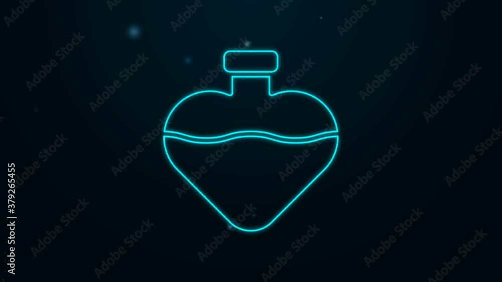 Glowing neon line Bottle with love potion icon isolated on black background. Valentines day symbol. 4K Video motion graphic animation Glowing neon line Bottle with love potion icon isolated on black background. Valentines day symbol. 4K Video motion graphic animation
