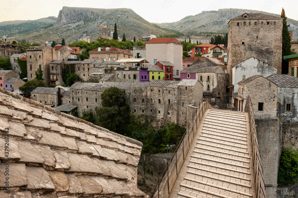 Stari Most bridge top view in old town of Mostar, BIH