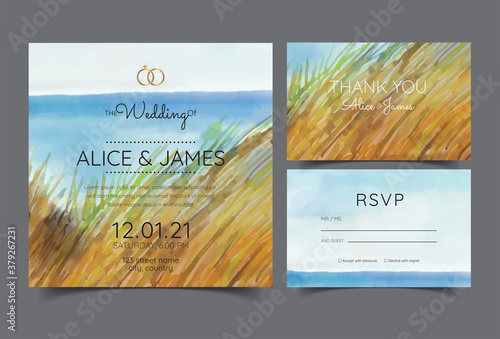 wedding cards, invitation. Save the date sea style design. Romantic beach wedding summer background