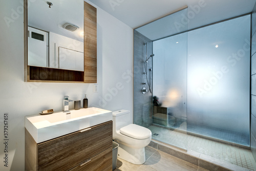 Real estate photography - Beautiful modern apartment in an apartment building with bathroom  kitchen  swimming pool