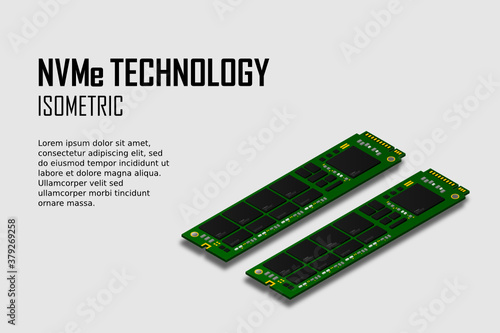 NVME Express M.2 memory realistic 3d isometric illustration, random access memory, personal computer hardware component, custom gaming and workstation accessories, vector illustration.