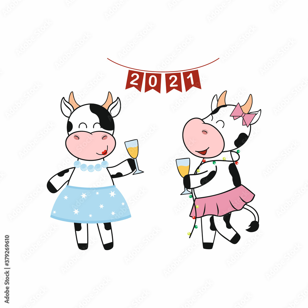 Two funny cow girls celebrate the new year on the background of a sign with flags 2021. Bull drinks champagne. The symbol of new year according to the Chinese horoscope. Vector cartoon illustration.